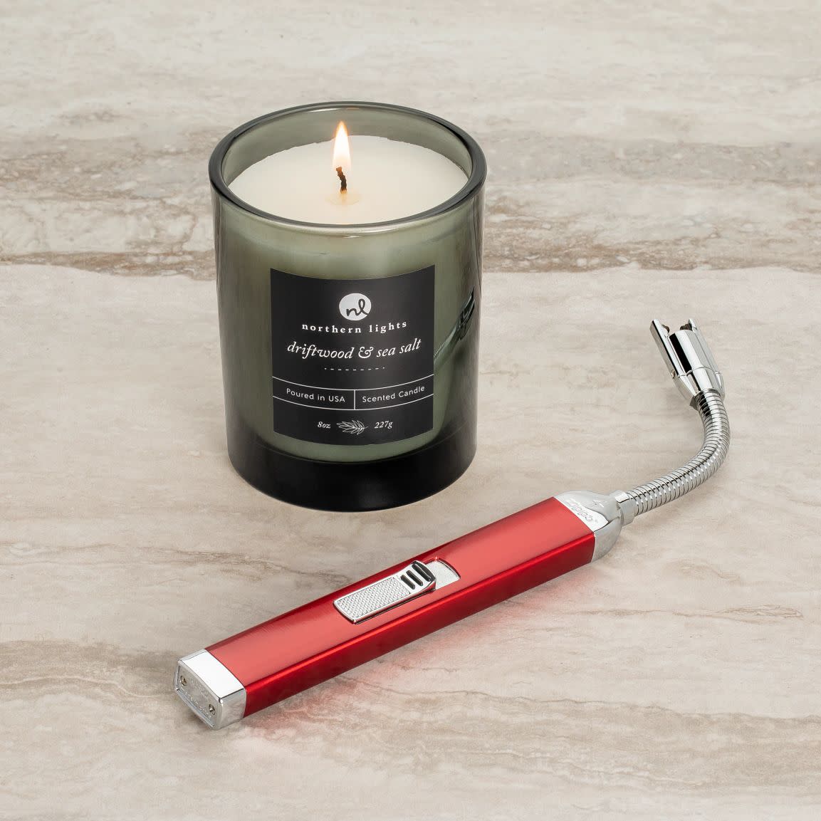 Alternative view of Candy Apple Red Rechargeable Candle Lighter & 8 oz Driftwood & Sea Salt Candle Gift Set